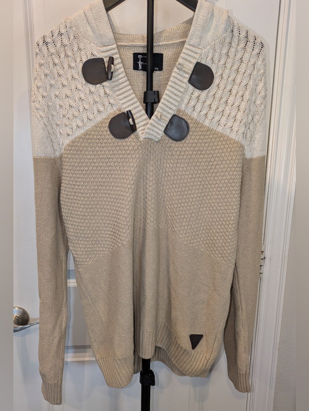 Trash Nouveau Hooded Toggle Cable Knit Sweater Colorblock M